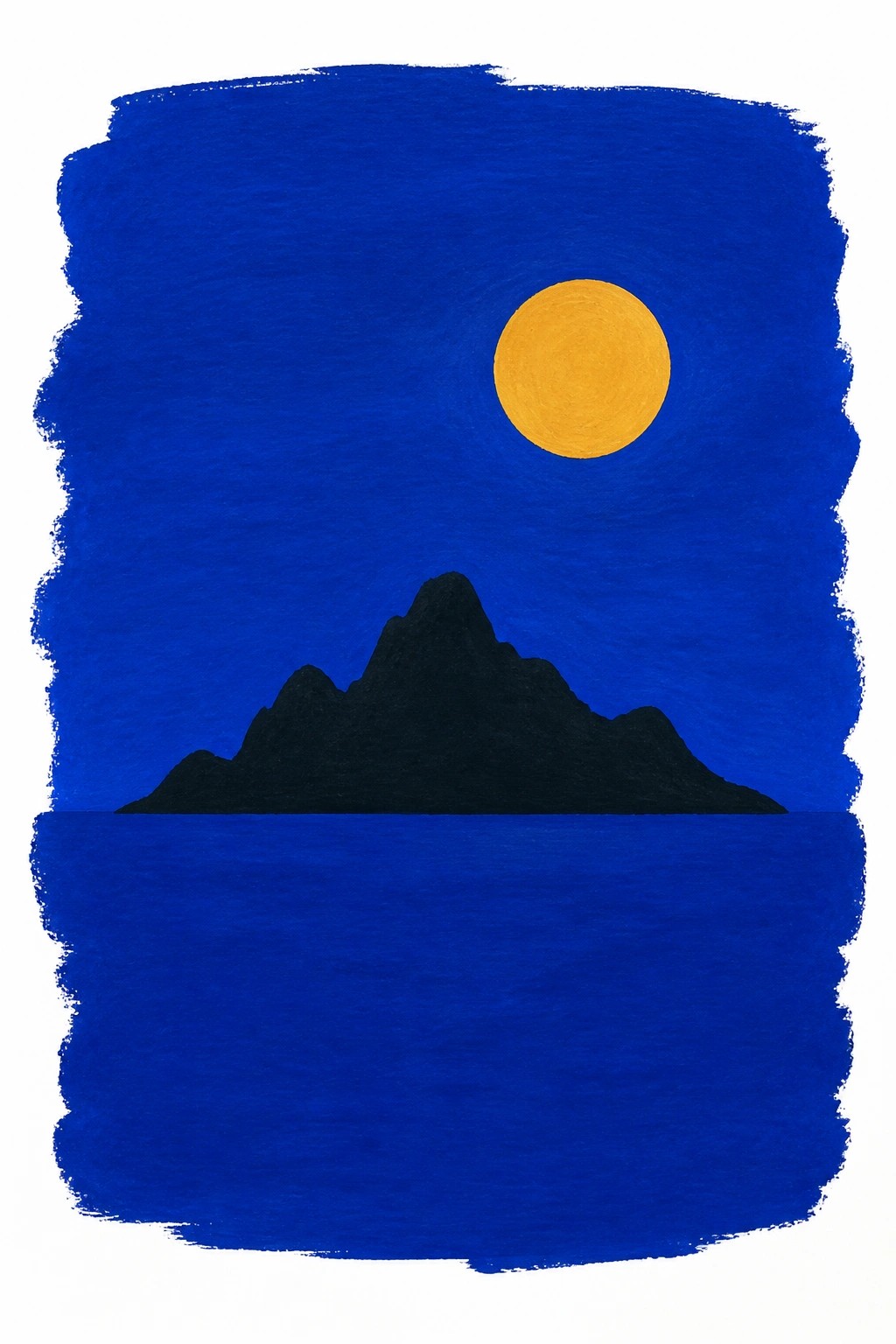 Minimalist acrylic painting of a black mountain range under a yellow full moon in a deep blue sky above calm blue water with rough painted borders on white paper