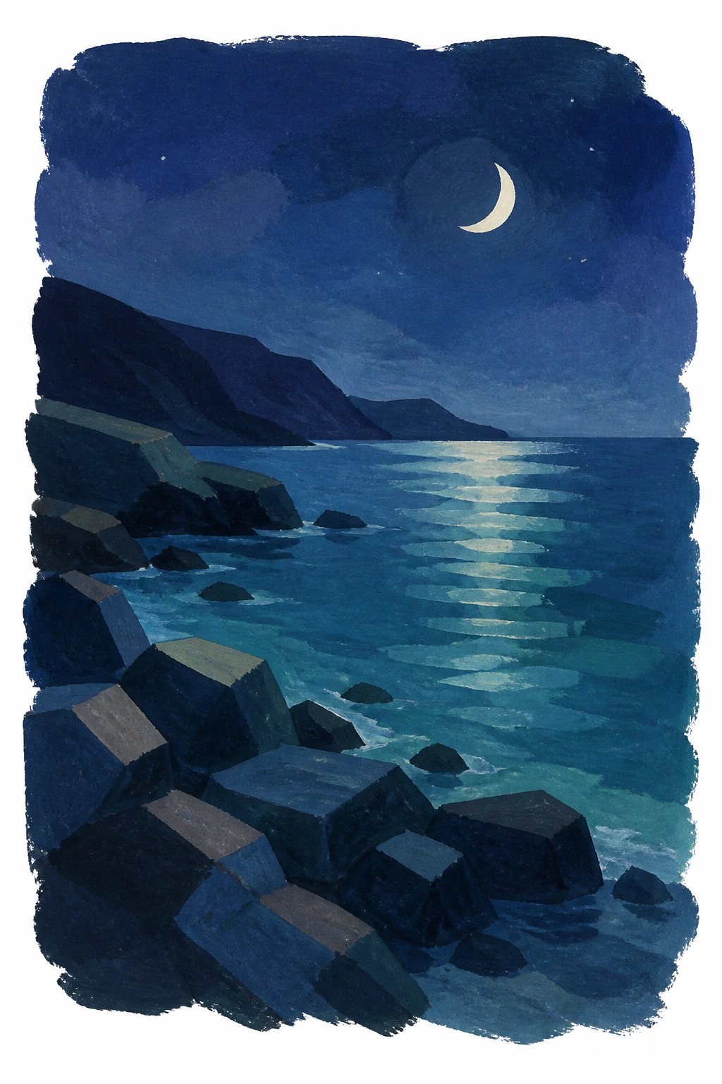 A watercolor painting of a nighttime coastal scene with a crescent moon over calm blue water reflecting light with dark rocky cliffs and boulders in the foreground.