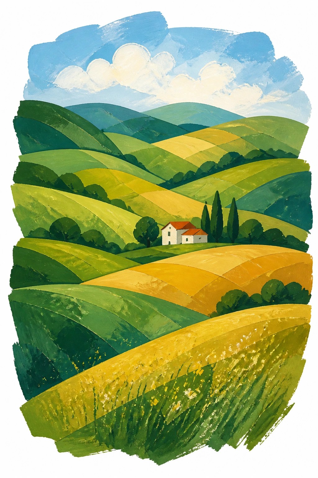 A modern landscape painting of rolling green and yellow hills with a white house and red roof nestled among trees under a blue sky with clouds, using simplified shapes and broad brushstrokes.