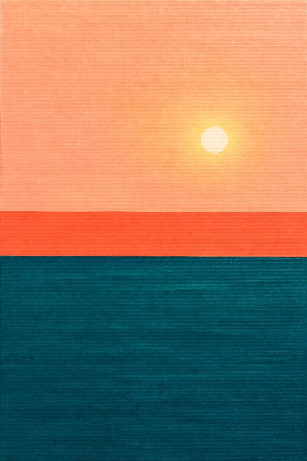 Minimalist painting of a sunset with gradient peach to orange sky, white sun, red horizon band, and solid teal sea.