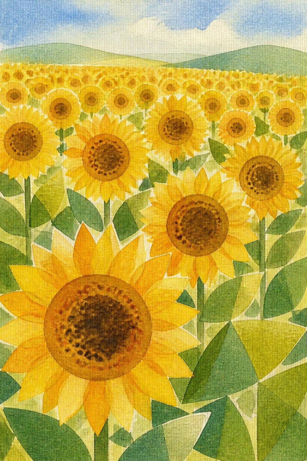 Watercolor painting of sunflowers in a field with rolling green hills and blue sky using geometric leaf shapes