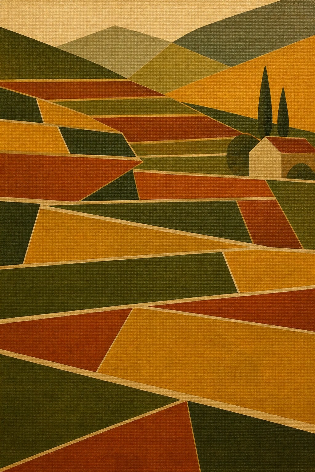 A geometric modern painting of autumn hills with layered fields in orange green and brown a small white house and dark trees on the right side under a pale sky.
