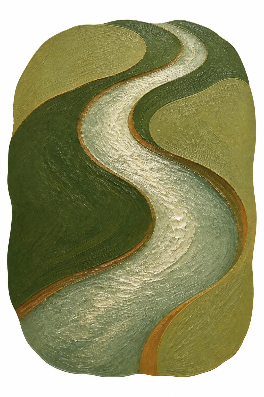 Abstract modern painting of a winding river in multiple green tones with white and blue water and brown outlines on a textured canvas.