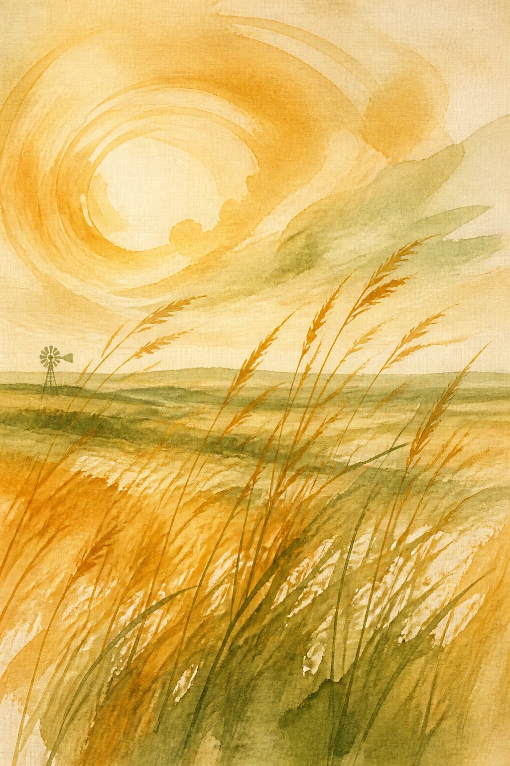 Watercolor landscape of tall golden grass in the foreground with a windmill on the horizon under a large swirling yellow sun and soft green hills