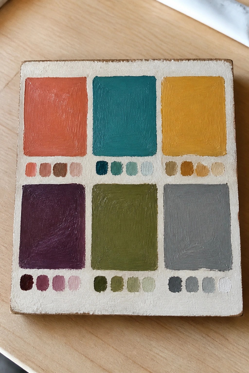 Color study painting with six large blocks and four shade samples below each.