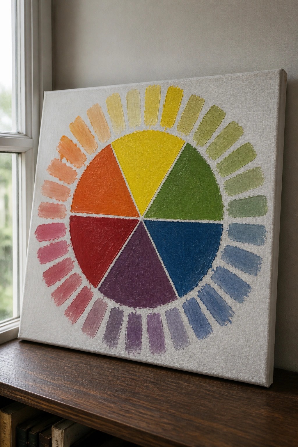 Color wheel painting on canvas with six colored segments and gradient brushstroke ring.