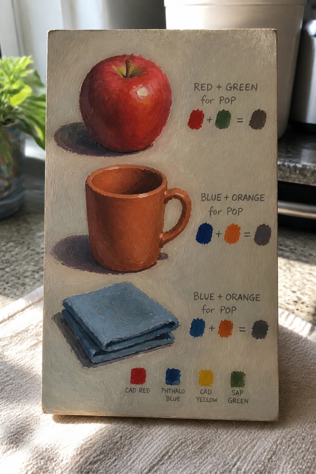 Oil painting still life of red apple, brown mug, blue books with color mixes