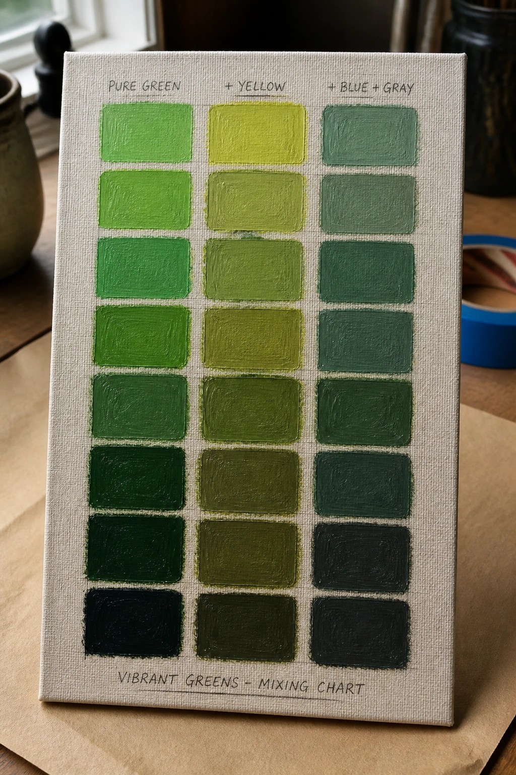 Canvas color chart with vibrant green paint swatches mixed using yellow and blue-gray.