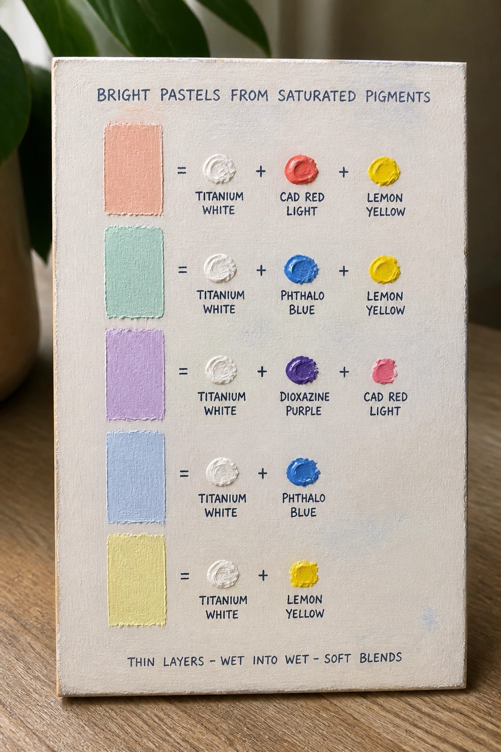 Canvas chart of five pastel color swatches mixed from saturated pigments with labeled formulas.