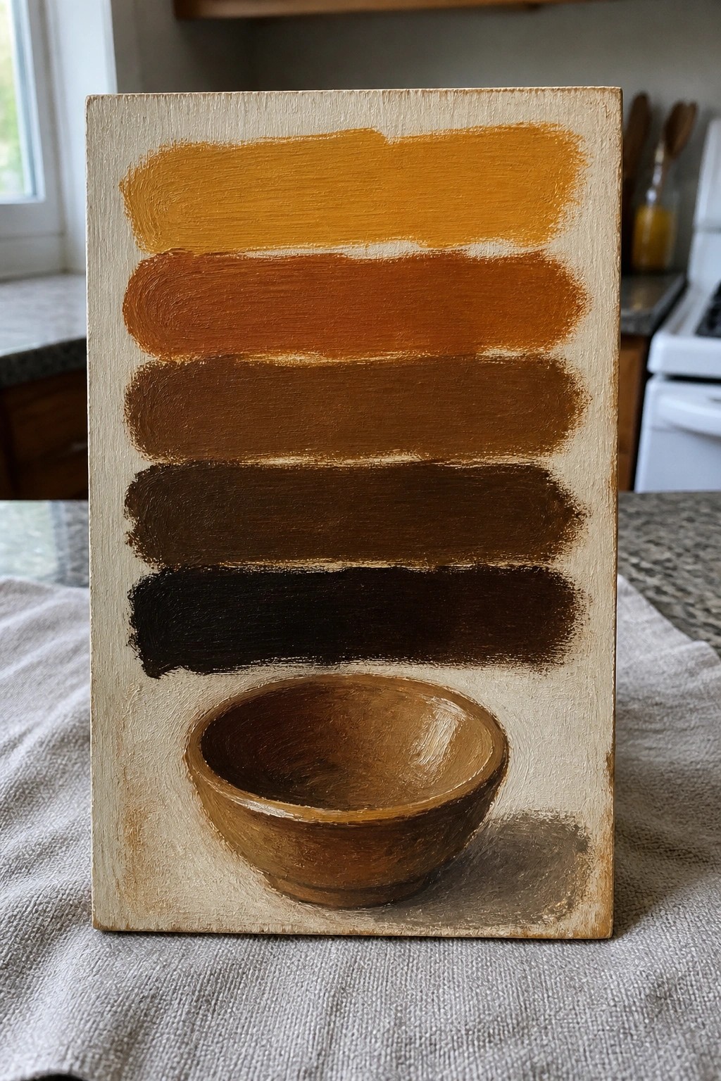 Canvas with horizontal ochre-to-black paint stripes above a brown bowl
