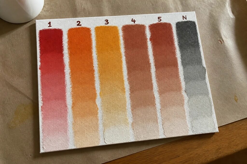 Canvas with vertical stripes of red to gray paint, numbered 1 through 6