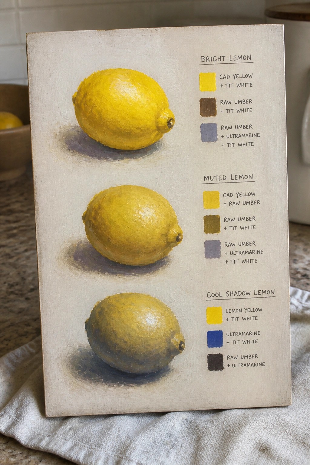 Three lemons painted with color swatches labeled bright, muted, and cool shadow.