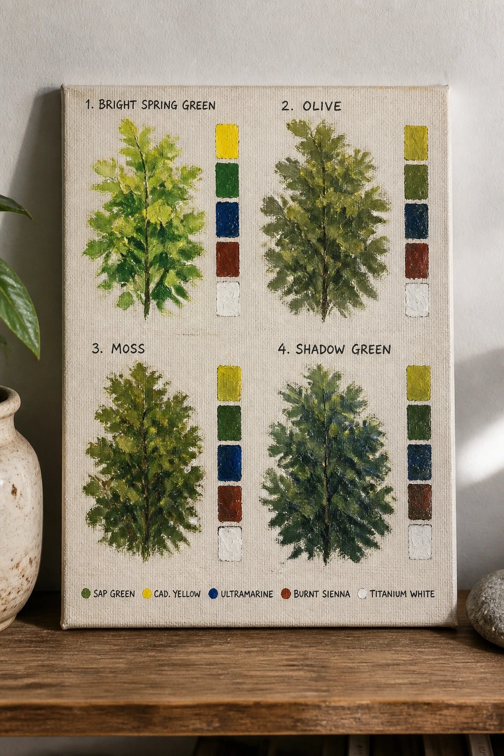 Canvas with four labeled green tree paintings and color swatches on wood table.