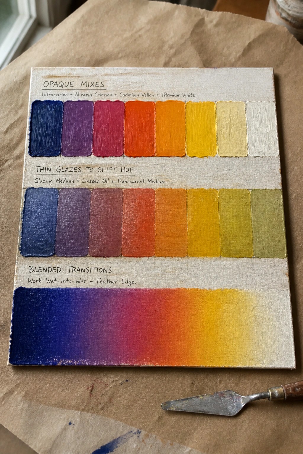 Color mixing chart on canvas showing opaque mixes, glazes, and blended transitions with palette knife