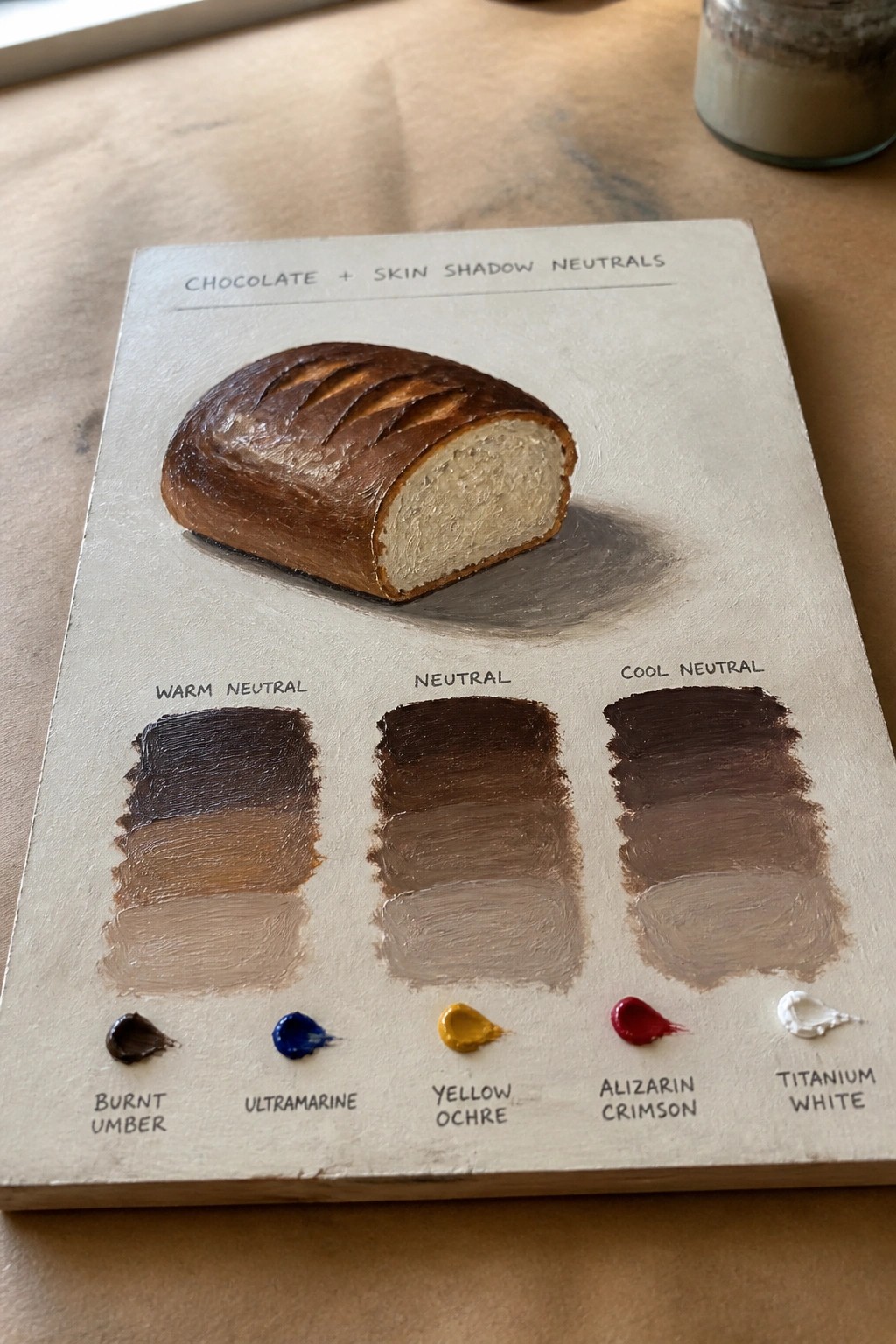 Painted bread loaf above warm, neutral, and cool skin shadow color swatches