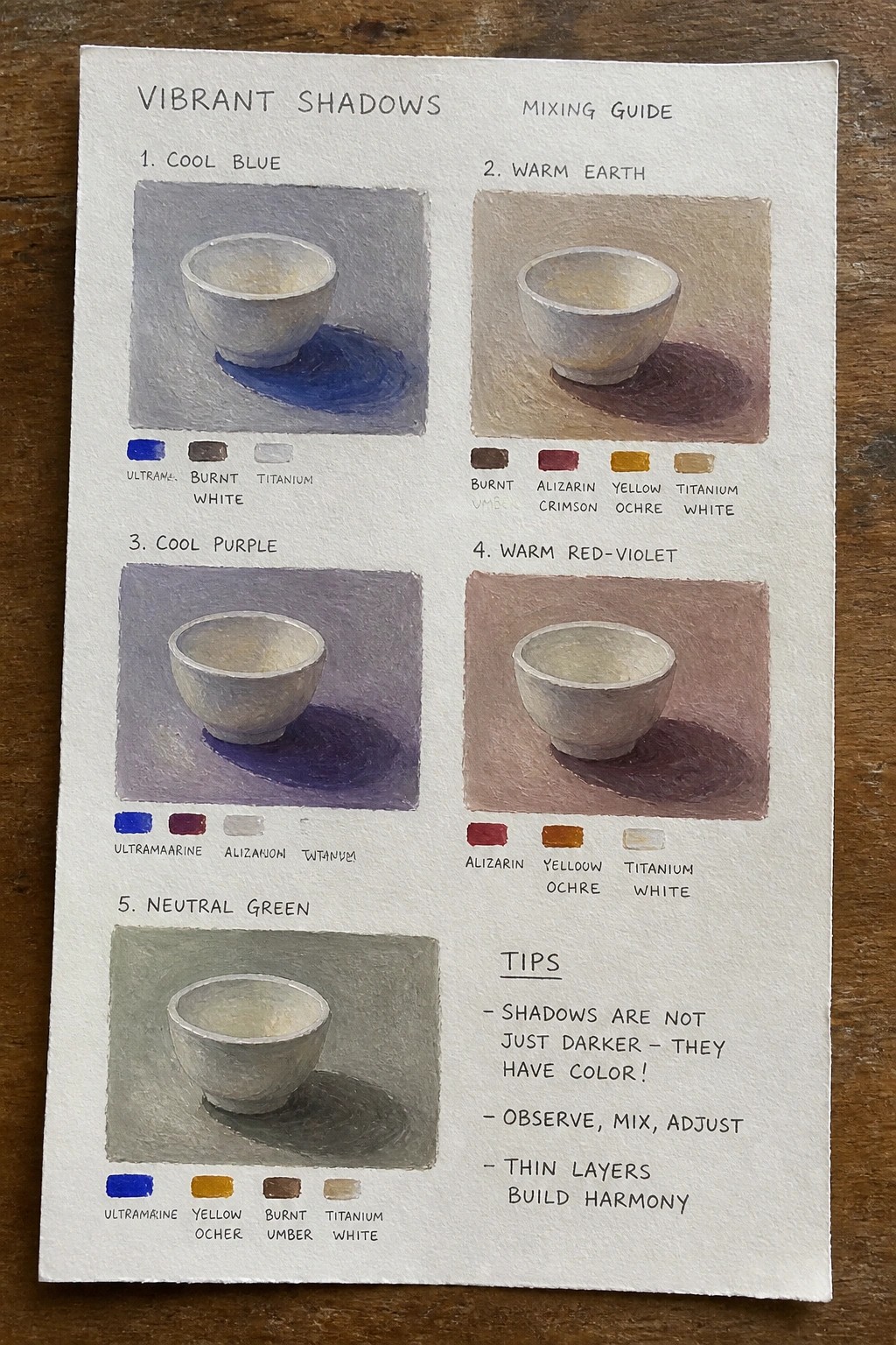 Watercolor guide page with five bowls in vibrant colored shadows and paint mixing tips.
