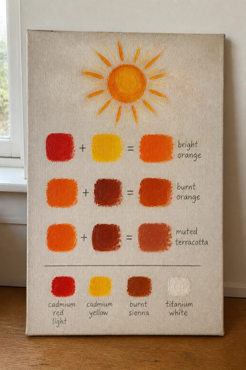 Oil painting canvas with a sun at the top and color mixing swatches demonstrating bright orange, burnt orange, and muted terracotta using cadmium red light, cadmium yellow, burnt sienna, and titanium white.