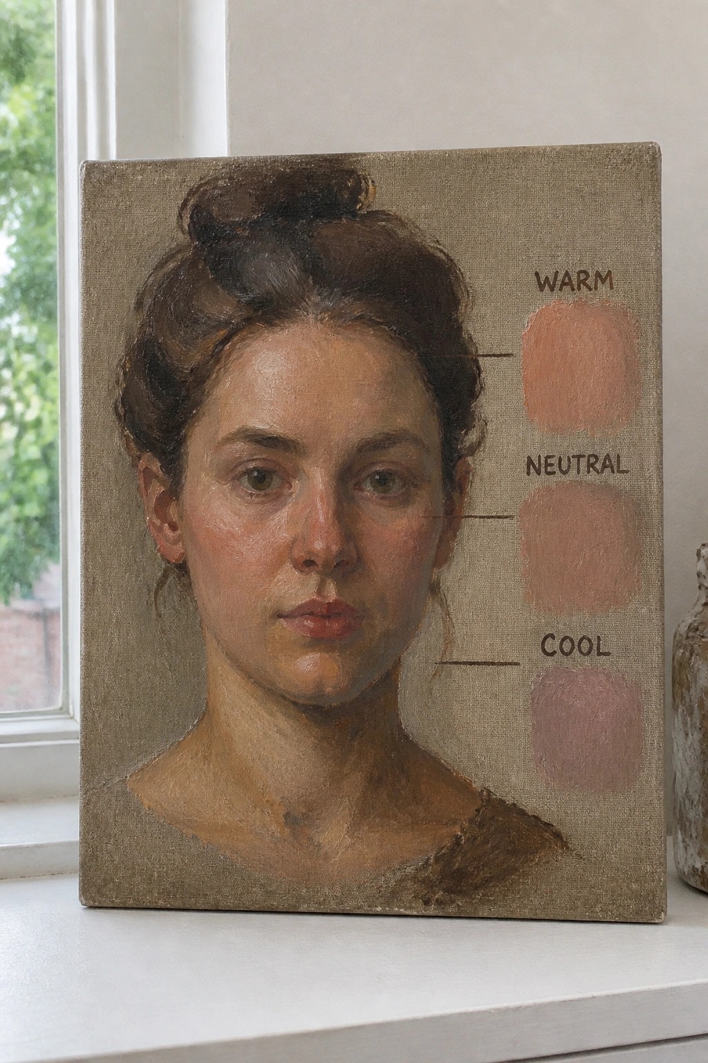 Oil painting of a woman’s face and shoulders next to three labeled paint swatches showing warm, neutral, and cool skin tones.