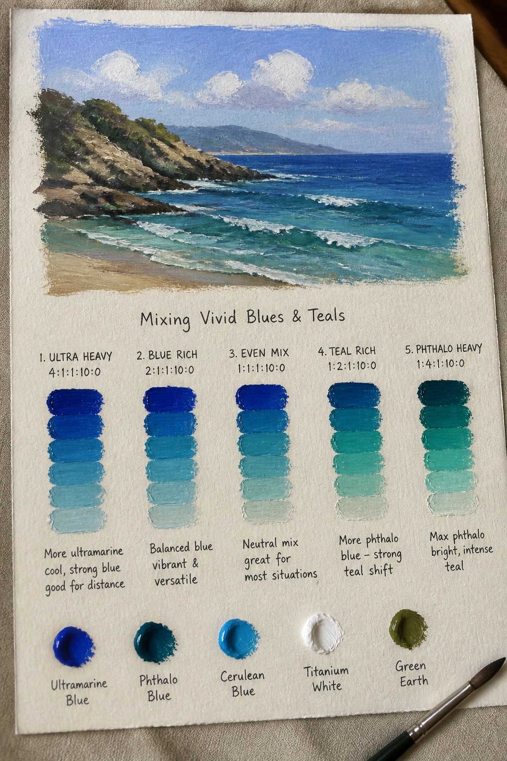 Coastal seascape above five labeled columns of blue teal paint mixing swatches and brush