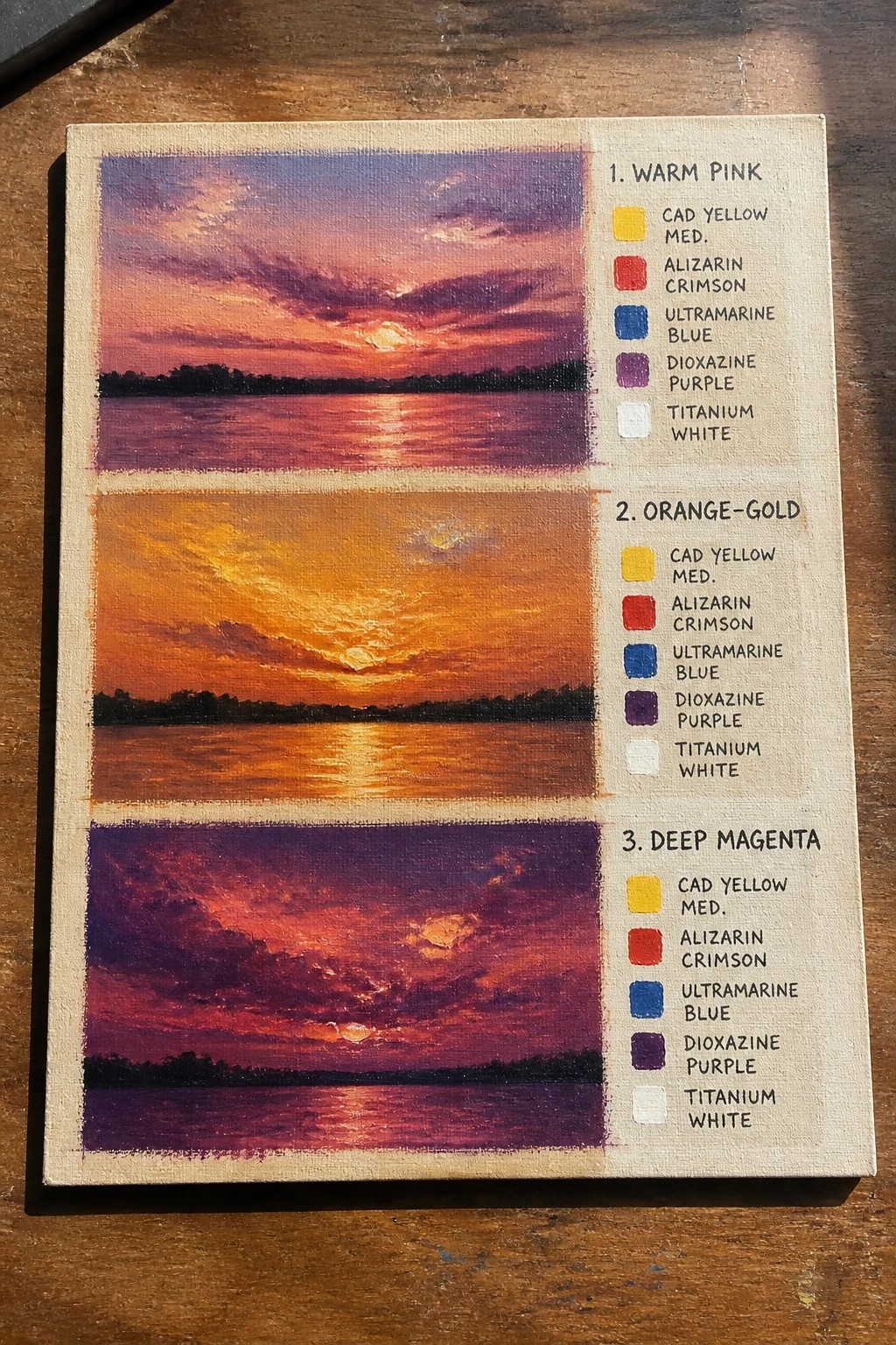 Three sunset-over-water paintings on canvas with labeled color palettes.