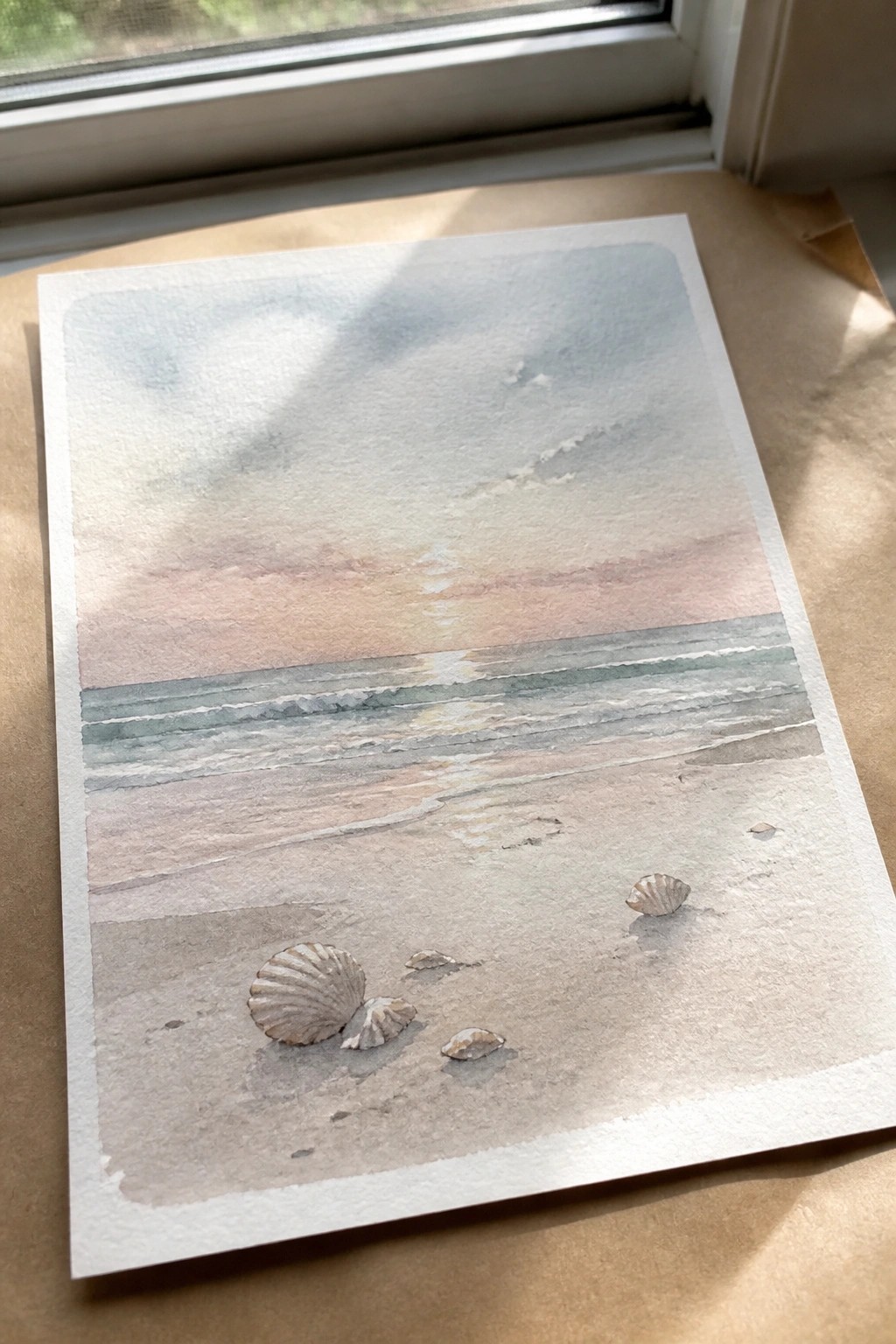 Watercolor beach sunset with gentle waves and seashells scattered on sand
