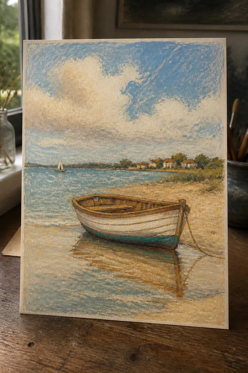 Pastel painting of rowboat on sandy beach with sailboat, houses, and cloudy blue sky