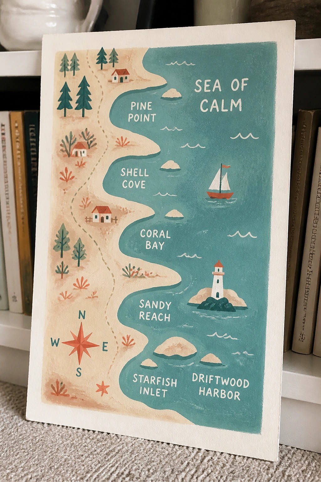 Illustrated coastal map with teal waters, sailboat, lighthouse, houses, trees, and compass rose.