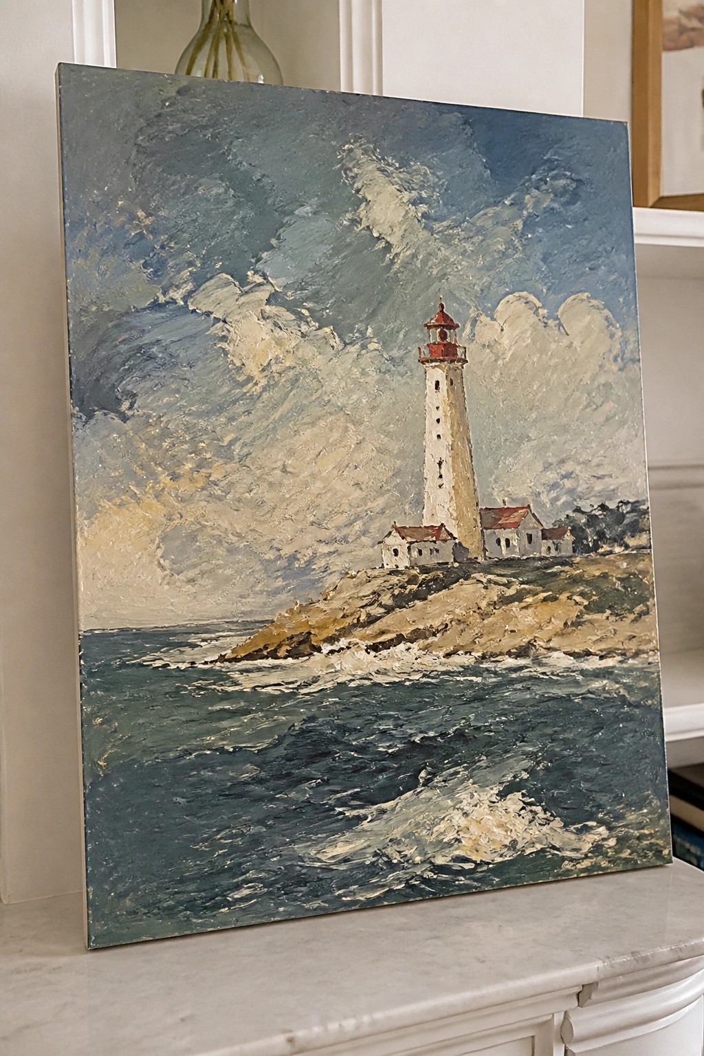 Oil painting of a white lighthouse with red top on a rocky cliff next to crashing waves under a cloudy sky.