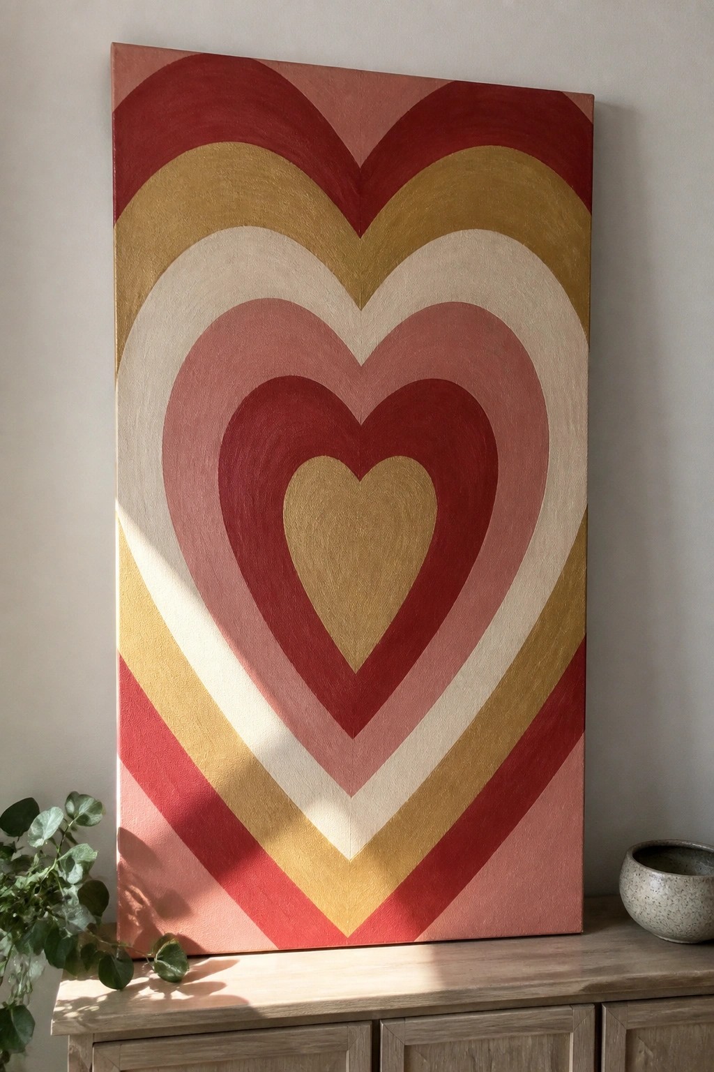 A vertical canvas shows concentric hearts in red, pink, gold, and beige tones resting on a wooden cabinet beside a small plant.