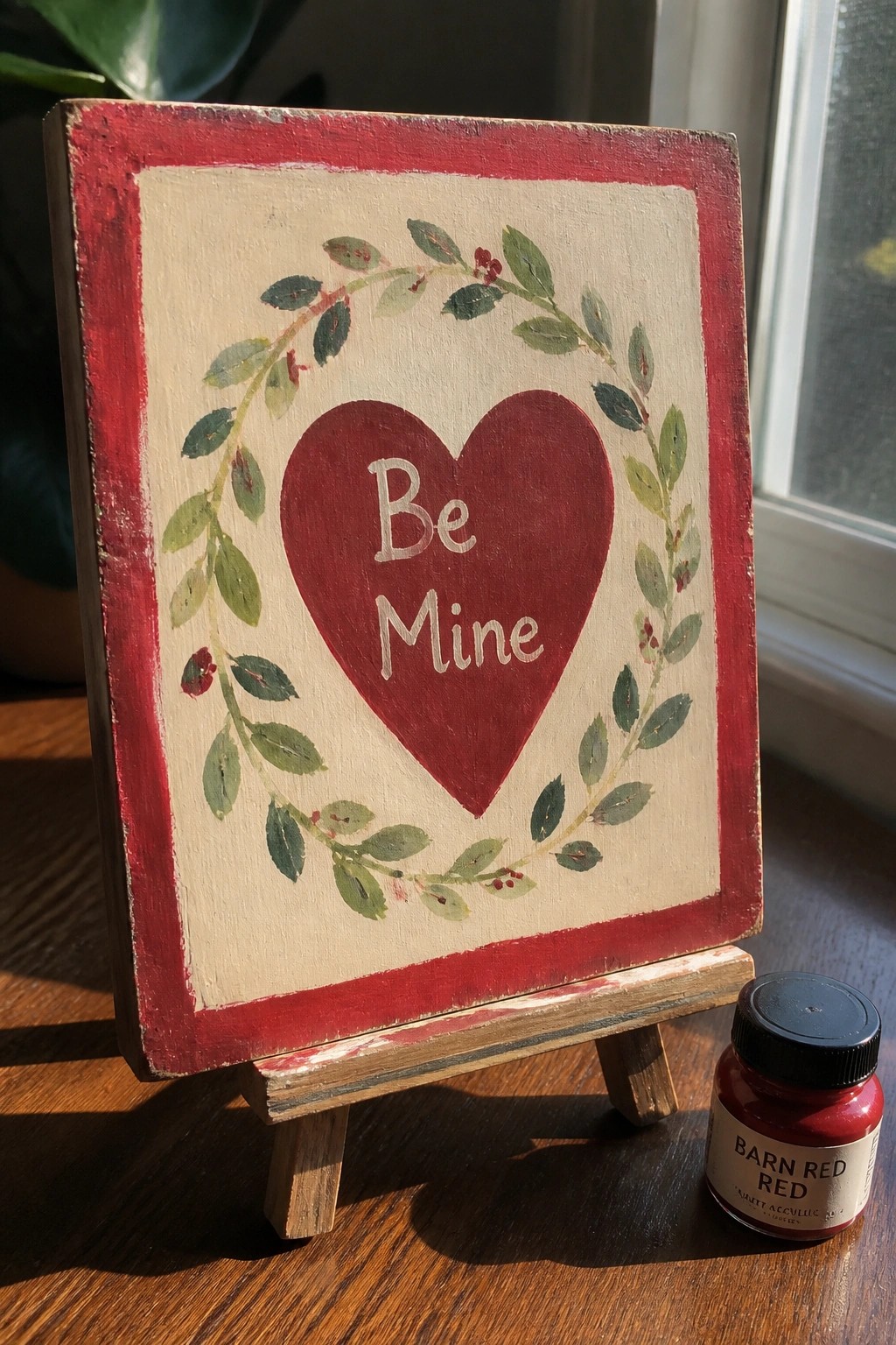 A wooden sign with a red heart reading 