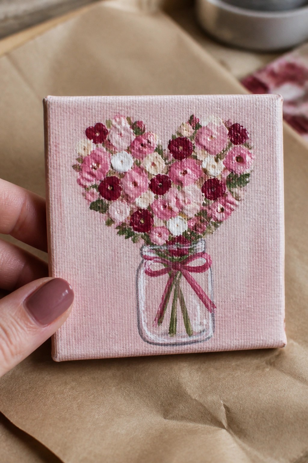 Hand holding small pink canvas of heart-shaped pink flowers in mason jar with bow