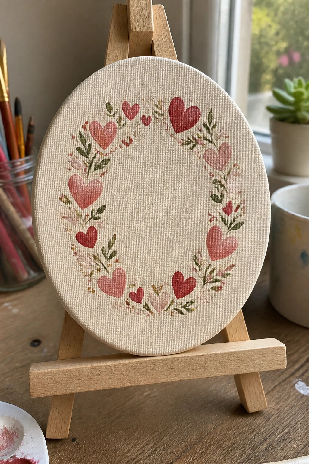 Oval canvas on wooden easel with pink red heart and leaf wreath painting
