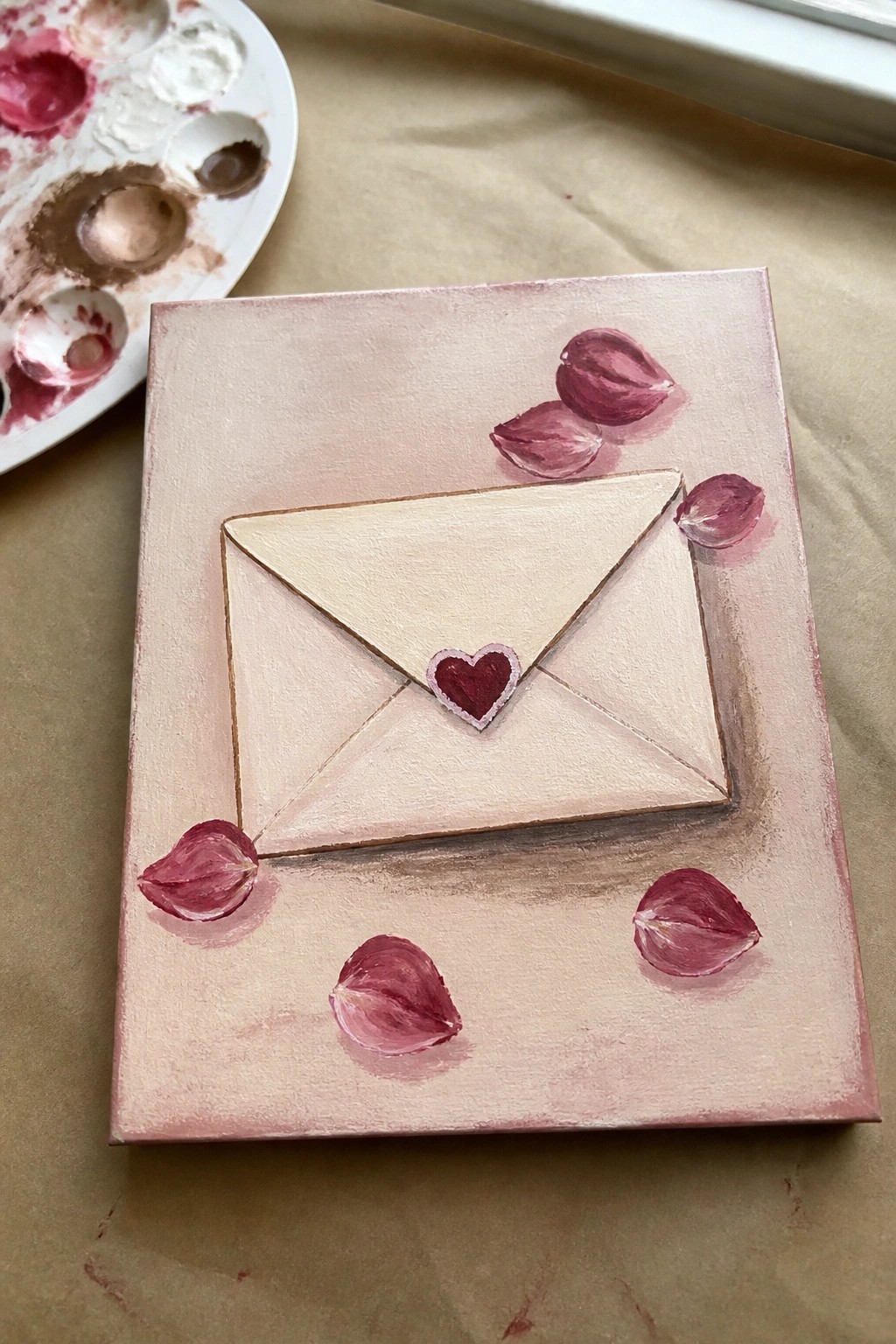 An acrylic painting of a beige envelope with a red heart seal on a pink background, surrounded by pink flower petals.