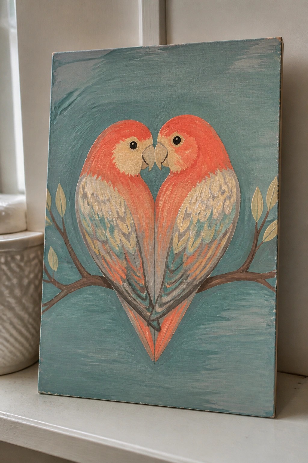Two red parrots on branches touch beaks forming heart shape on teal canvas
