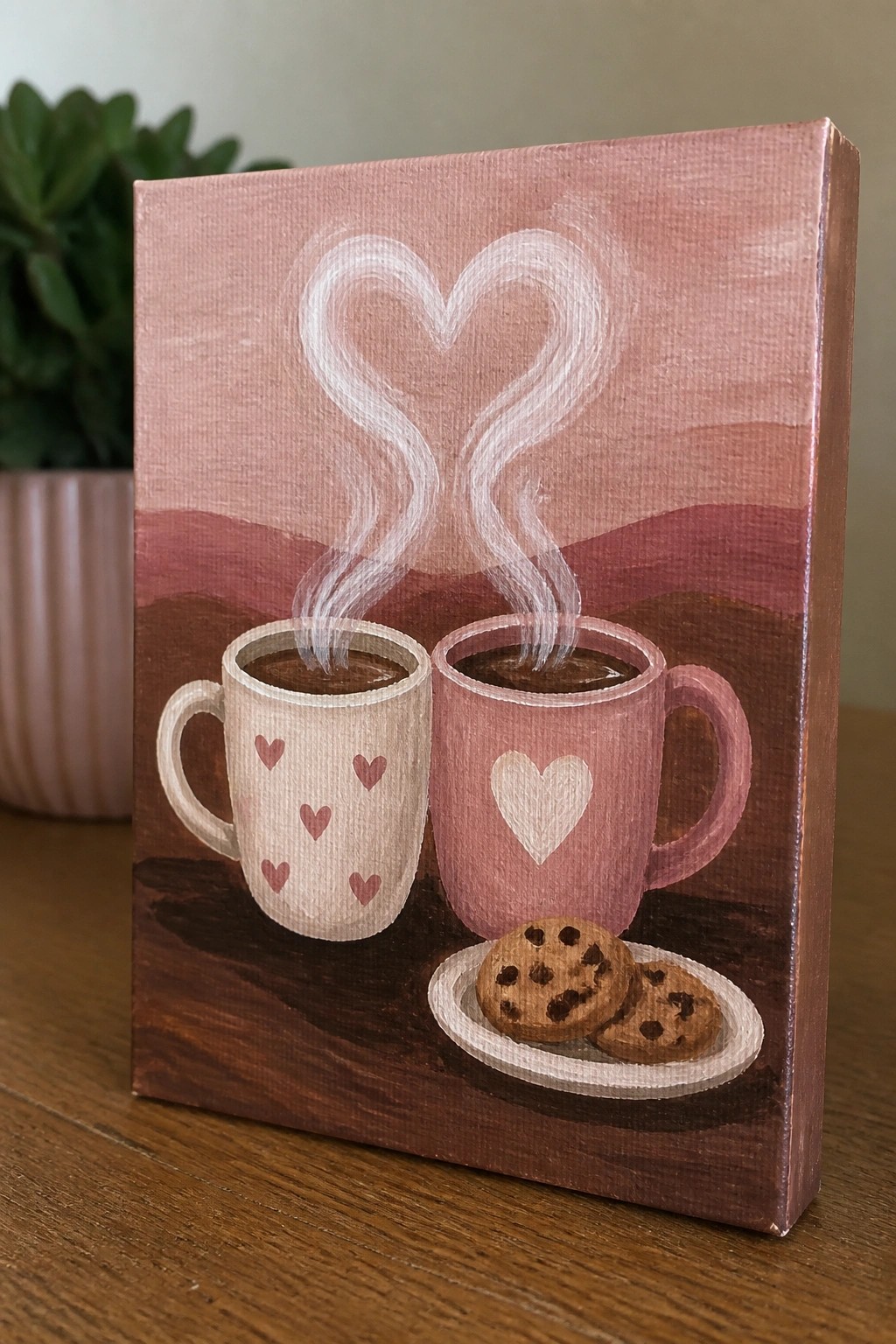 Two mugs with hearts, coffee steam forming a heart above cookies on a plate.