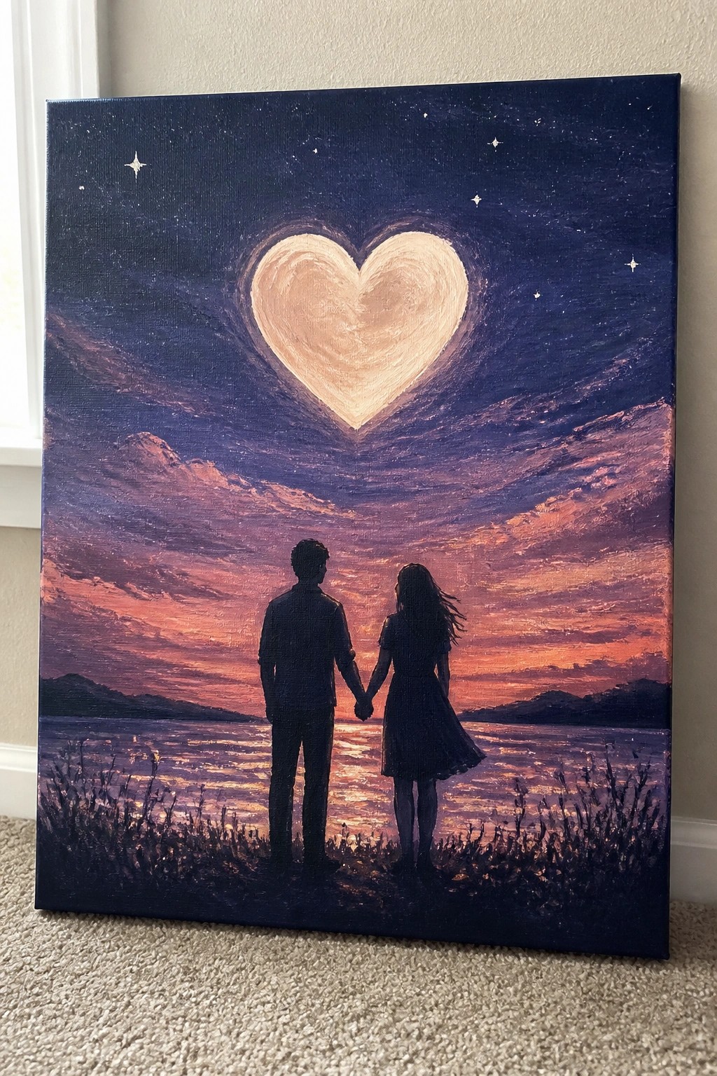 Silhouetted couple holds hands by lake under purple-orange sunset with glowing heart moon.