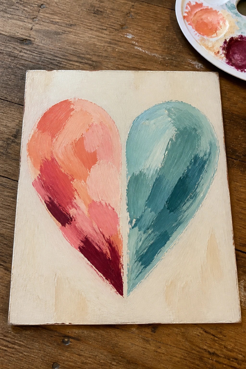 Split heart painting in warm red-pink hues beside cool blue-teal on canvas.