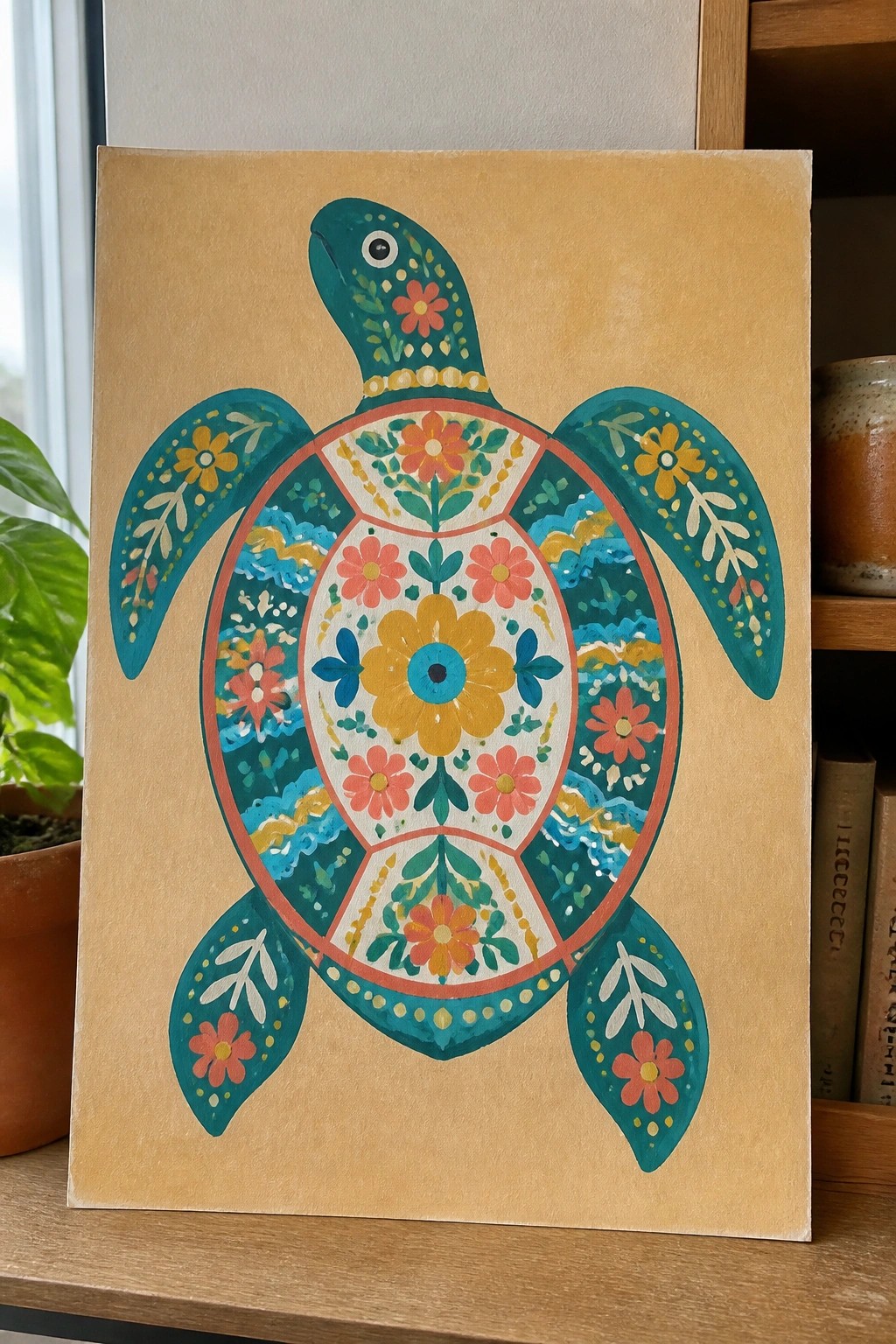 Colorful folk art sea turtle painting with floral shell on beige canvas