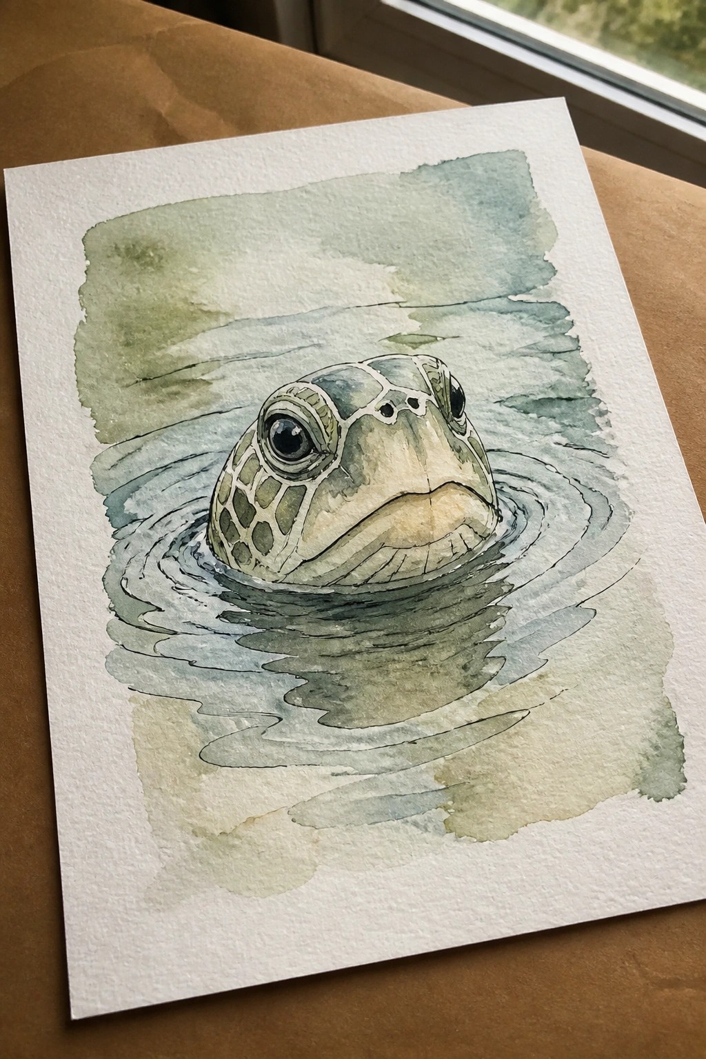 Watercolor of sea turtle head emerging from rippled green water on white paper.