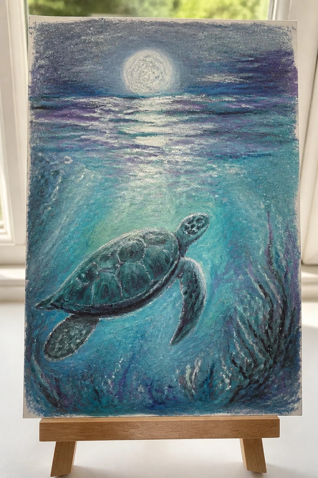 Sea turtle swimming in moonlit turquoise ocean under full moon at night