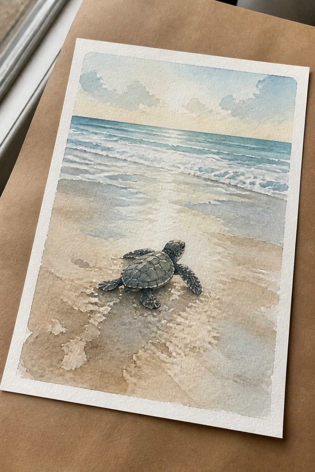 Watercolor painting of a sea turtle on wet sand near ocean waves at sunset.