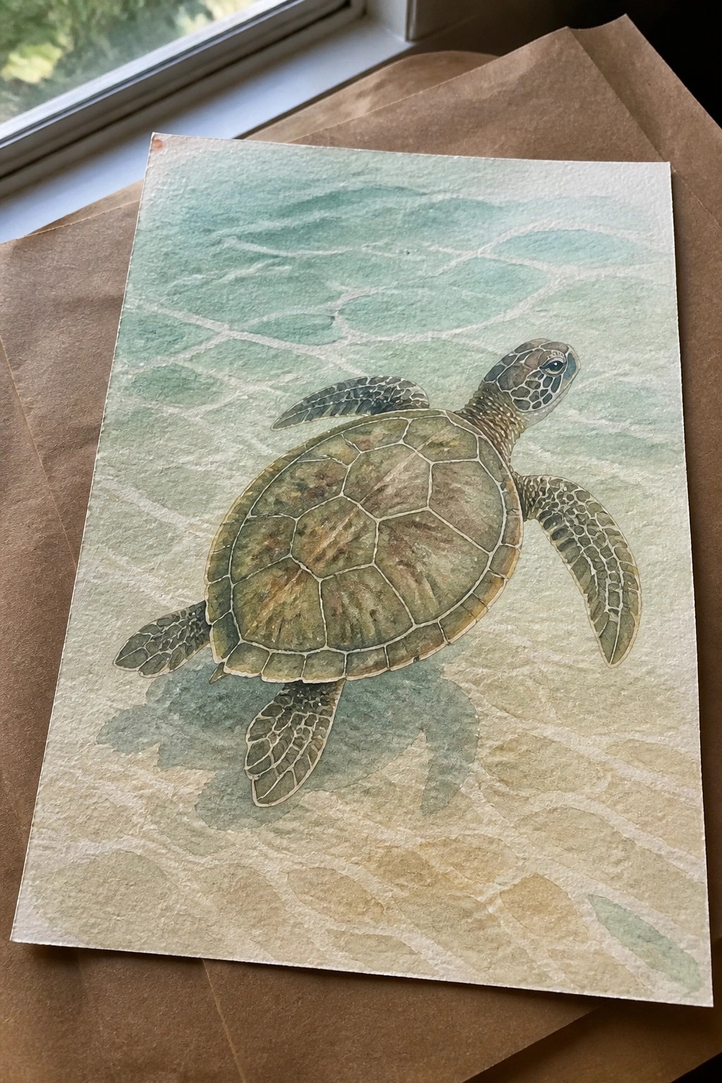 Watercolor painting of sea turtle swimming over patterned water on brown envelope near window