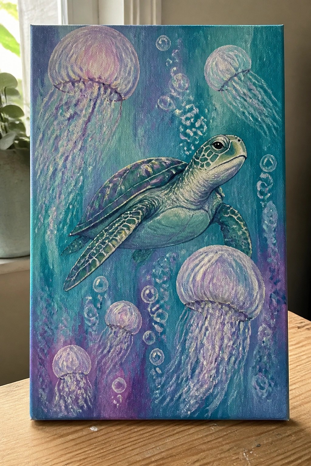 Sea turtle swims amid purple jellyfish and bubbles in blue-green painted waters.