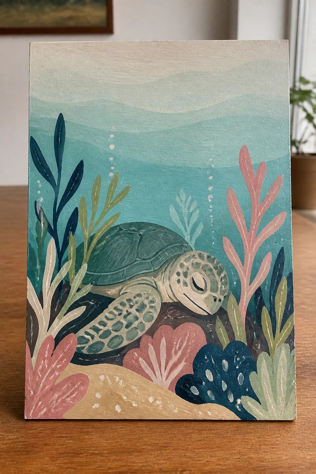 Sea turtle resting amid pink coral, blue seaweed, and teal painted waters