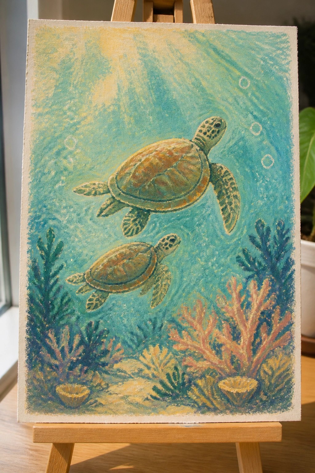 Two sea turtles swim amid colorful corals in a sunlit turquoise underwater scene