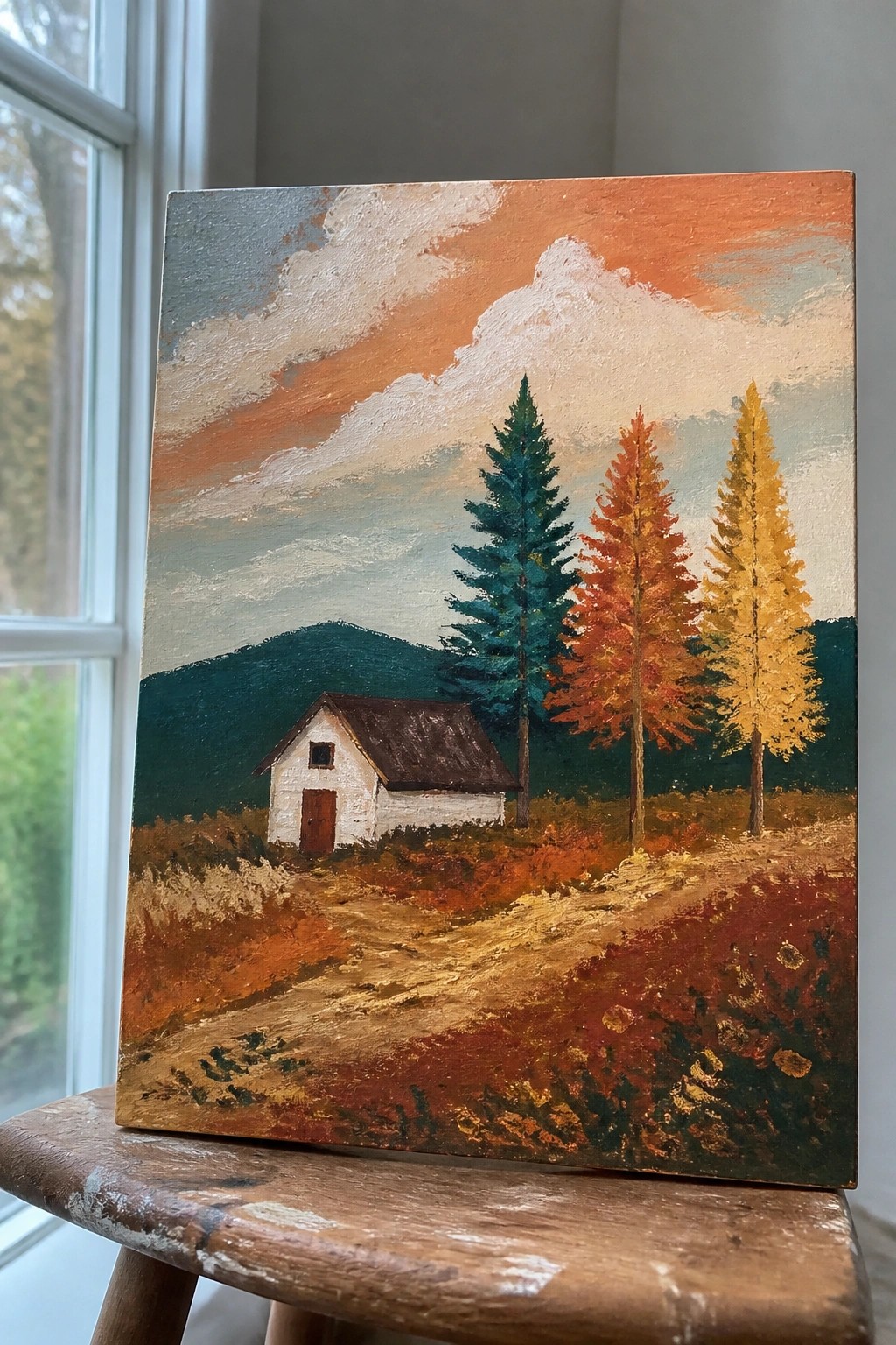 Oil painting of white cabin, autumn trees, dirt path under dramatic orange sky.