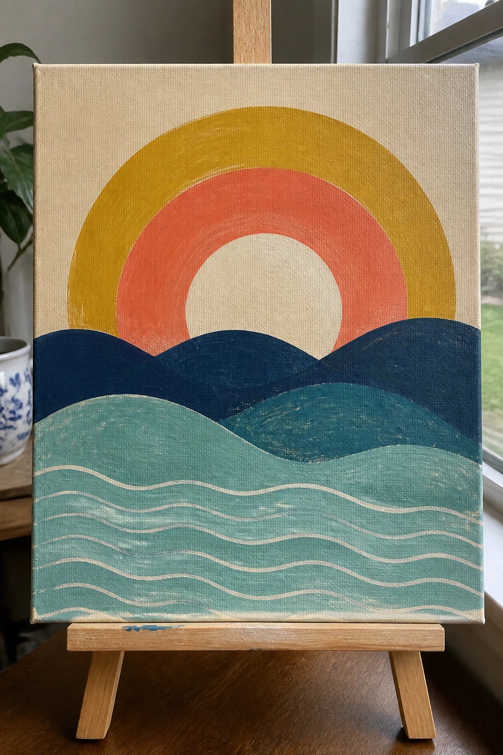 Abstract painting of yellow-orange sun over blue-green waves on wooden easel