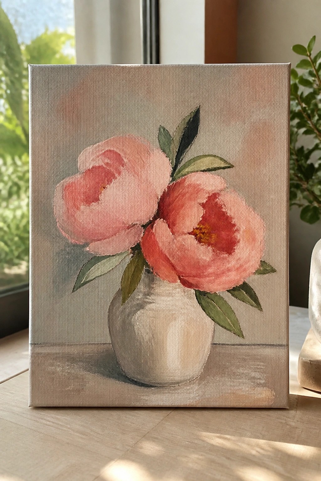 Two pink peonies with green leaves in a white vase on wood.