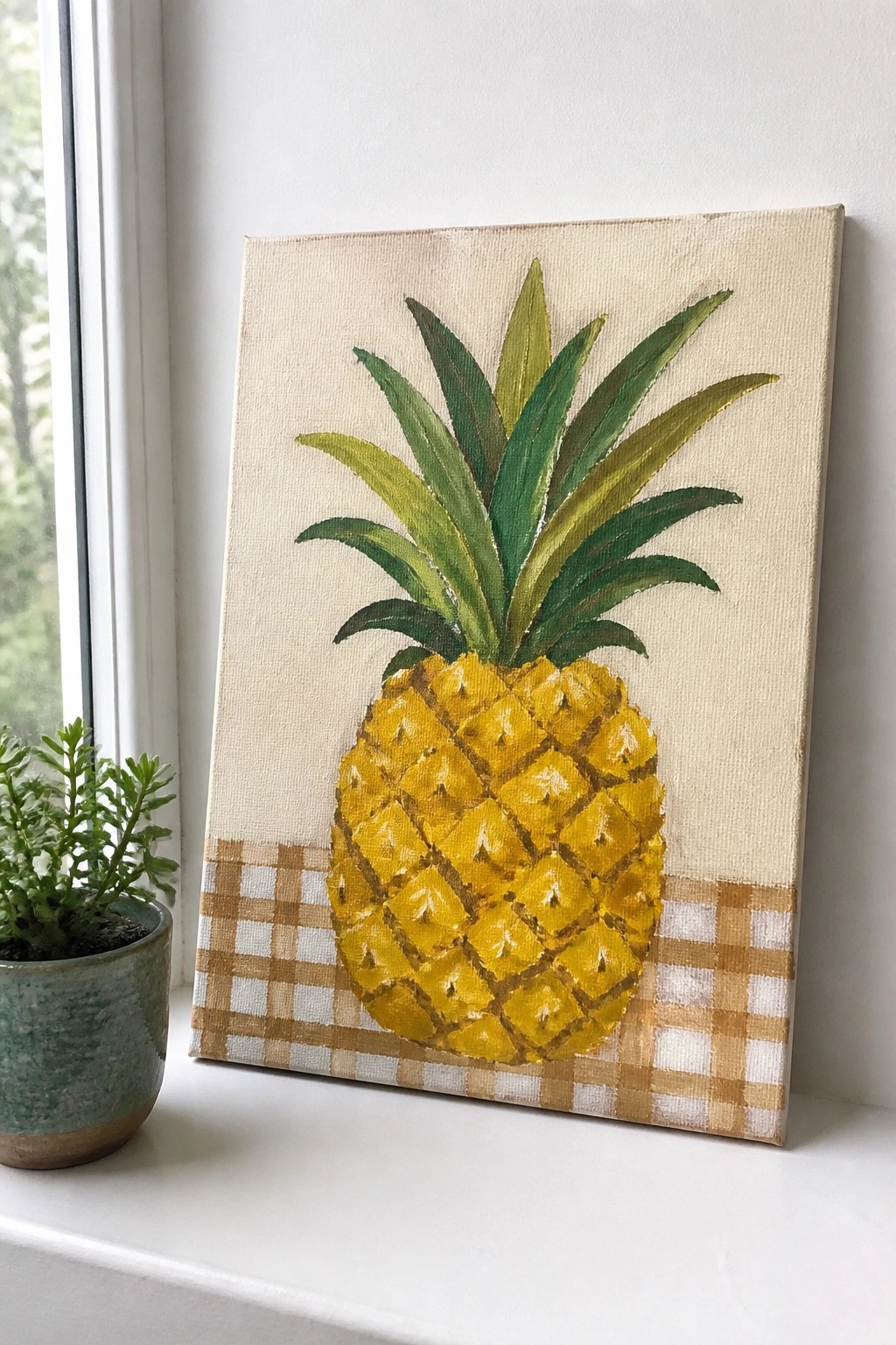 Yellow pineapple painting on canvas with green leaves and plaid border beside plant