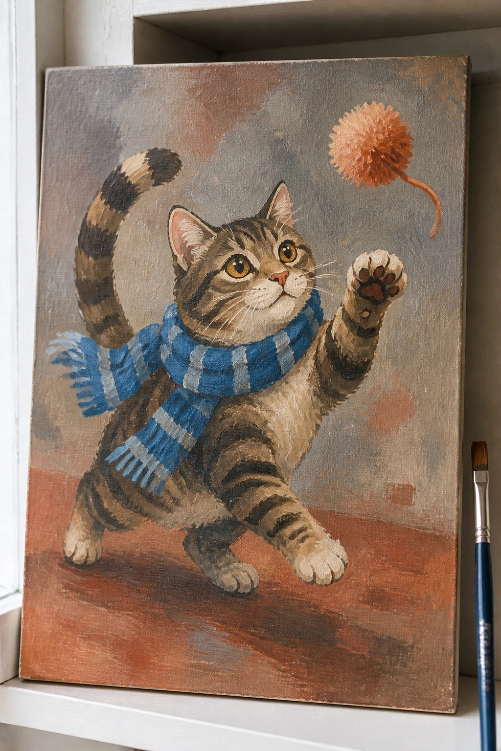 Tabby cat in blue striped scarf reaches for orange pom-pom toy on canvas